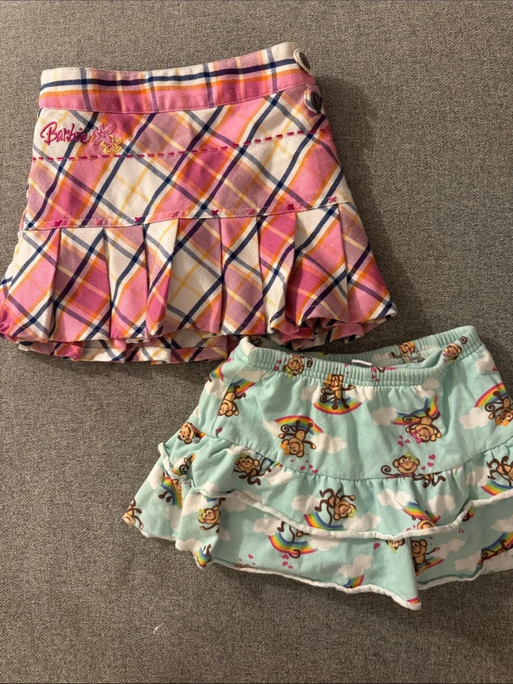 5/$15- Barbie Pink Plaid Ruffle Skirt with Mint Monkey Ruffle Skirt Set